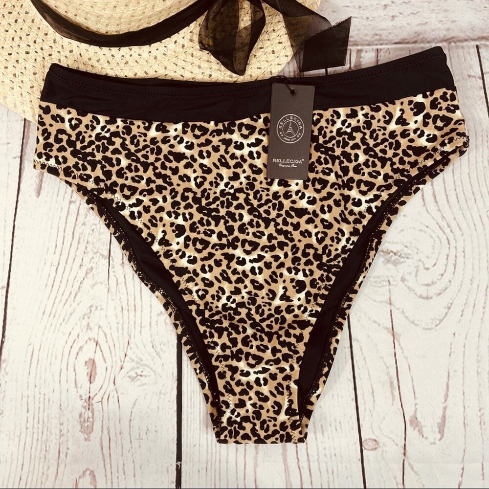 Relleciga Medium Swim Bikini Bottoms Leopard Print High-Cut Stretch Multi New